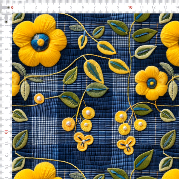Tecido Tricoline Digital 3D Flores Amarela Xadrez Jeans 9100e13194