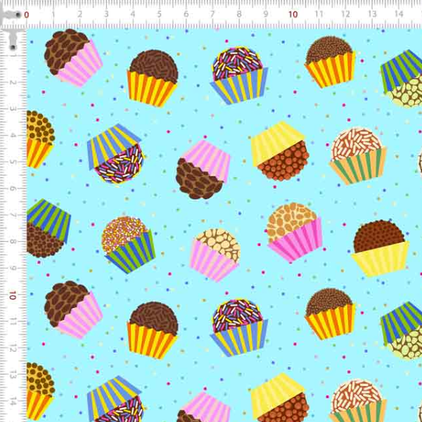 Tecido Tricoline Estampado Cupcakes Poá Fundo Azul 9050v144