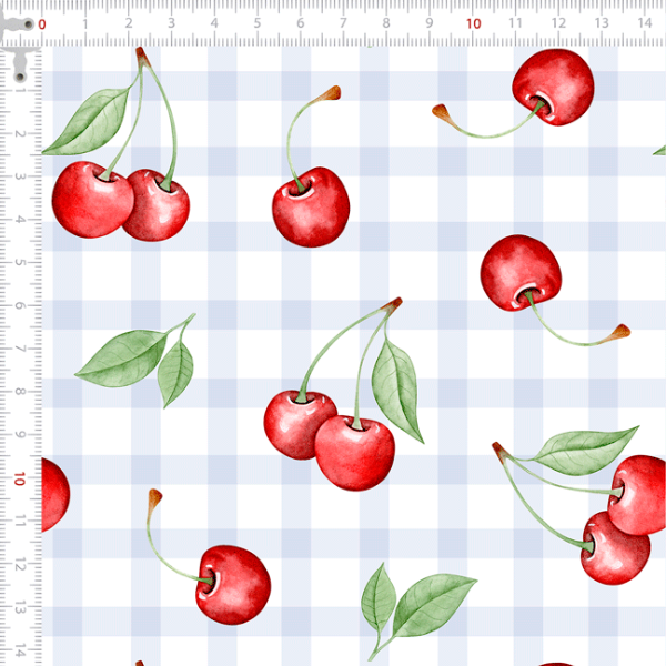 Tecido Tricoline Digital Cereja e Xadrez Fundo Branco 9100E13700