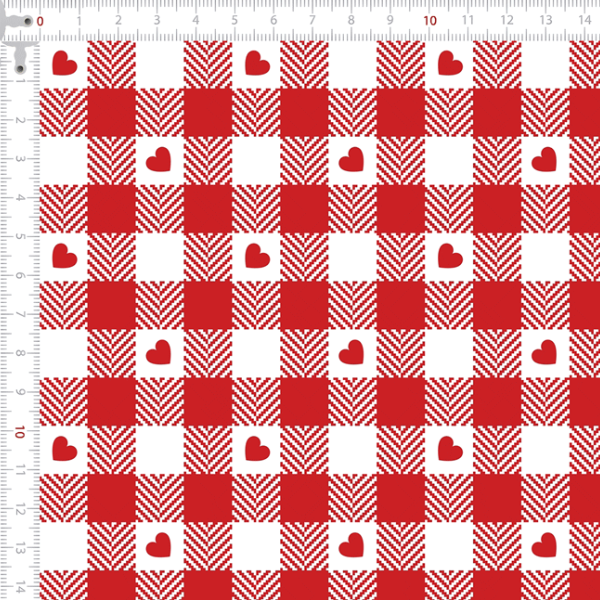 Tecido Tricoline Digital Xadrez Vermelho Corações 9100E14720