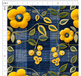 Tecido Tricoline Digital 3D Flores Amarela Xadrez Jeans 9100e13194