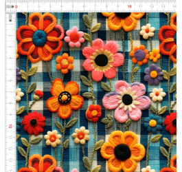 Tecido Tricoline Digital 3D Flores Primavera Xadrez 9100e13195
