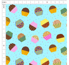 Tecido Tricoline Estampado Cupcakes Poá Fundo Azul 9050v144