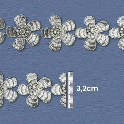 Galão Aplique Flor 3,2 cm Prata CH-0639