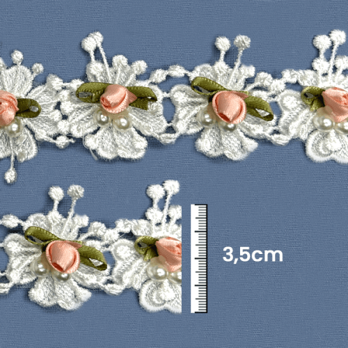 Galão Bordado Flores e Pérolas 3,5 cm Branco Floral  CH-0799