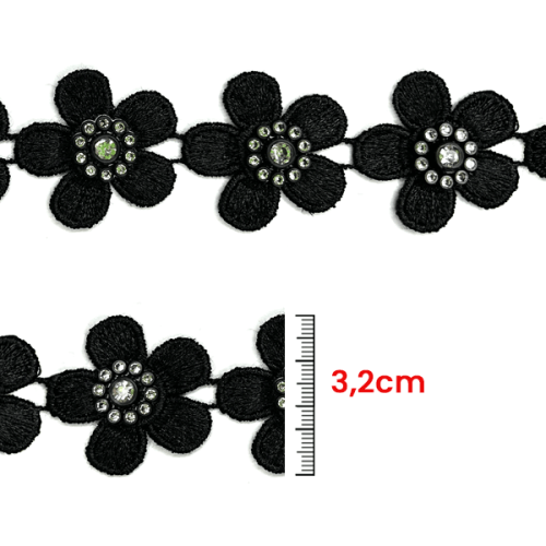 Galão Flor Com Strass 3,2 cm Preto CH-4073