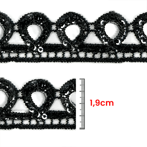 Renda Guipir Bico Com Paetê 1,9 cm Preto CH-0701