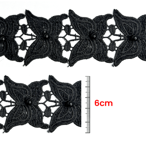 Renda Guipir Borboleta Com Pérolas 6 cm Preta CH-0656