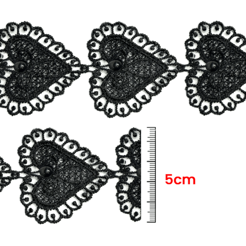 Renda Guipir Coração Com Pérolas  5 cm Preta CH-0663