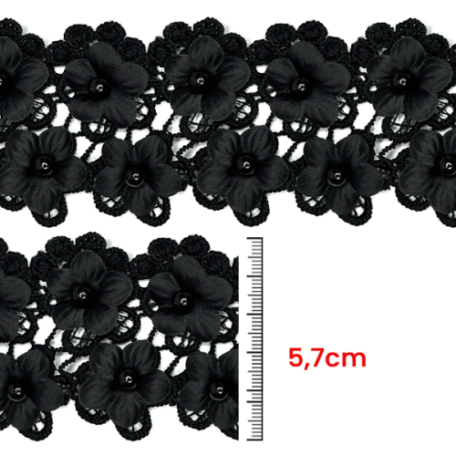 Renda Guipir Entremeio Flor Com Pérolas 5,7 cm Preta CH-4058