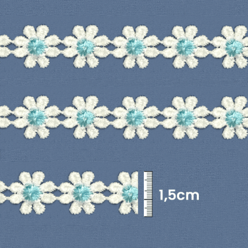 Renda Guipir Flor 1,5 cm Branca com Azul CH-0731