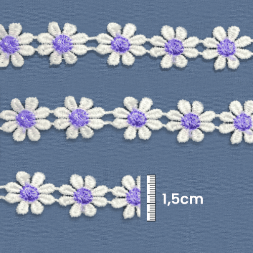 Renda Guipir Flor 1,5 cm Branca e Lilás CH-0734