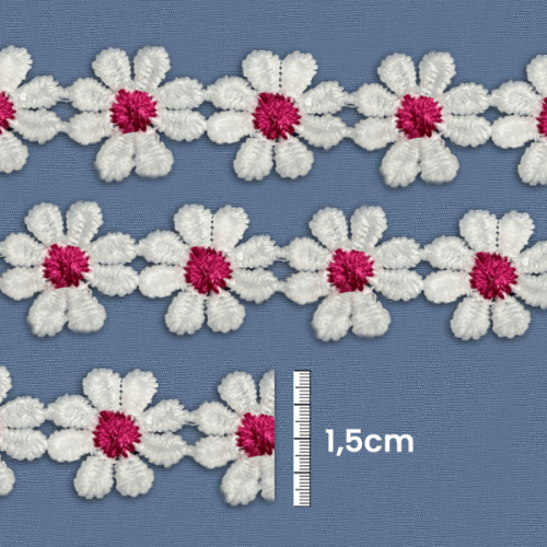 Renda Guipir Flor 1,5 cm Branca e Pink CH-0733