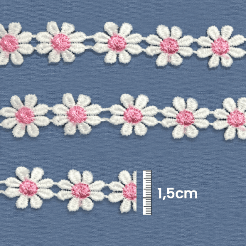 Renda Guipir Flor 1,5 cm Branca e Rosa CH-0735