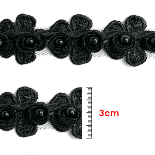 Renda Guipir Flor Com Pérolas 3 cm Preta CH-4052