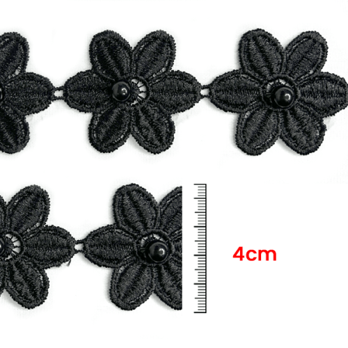 Renda Guipir Flor Com Pérolas 4 cm Preta CH-0665