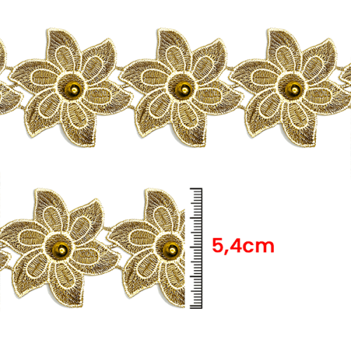 Renda Guipir Flor Com Pérolas 5,4 cm Dourado CH-0669