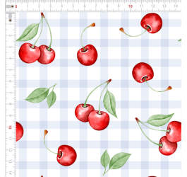Tecido Tricoline Digital Cereja e Xadrez Fundo Branco 9100E13700