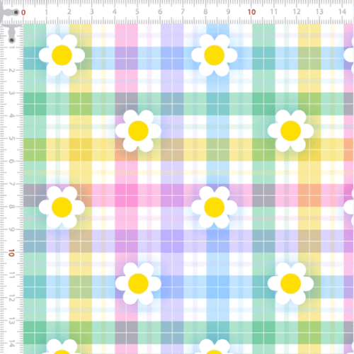 Tecido Tricoline Digital Xadrez Multicores Margaridas 9100E14718