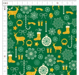 Tecido Tricoline Estampado Tesouros de Natal Fundo Verde 2088v02