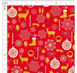 Tecido Tricoline Estampado Tesouros de Natal Fundo Vermelho 2088v01