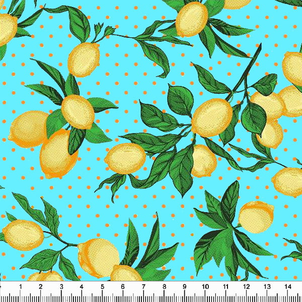 Tecido Tricoline Mini Limões - Fundo Xadrez Azul - Coleção Frutas