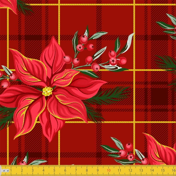 Tecidos Tricoline Estampado Flores de Natal Fundo Xadrez Vermelho
