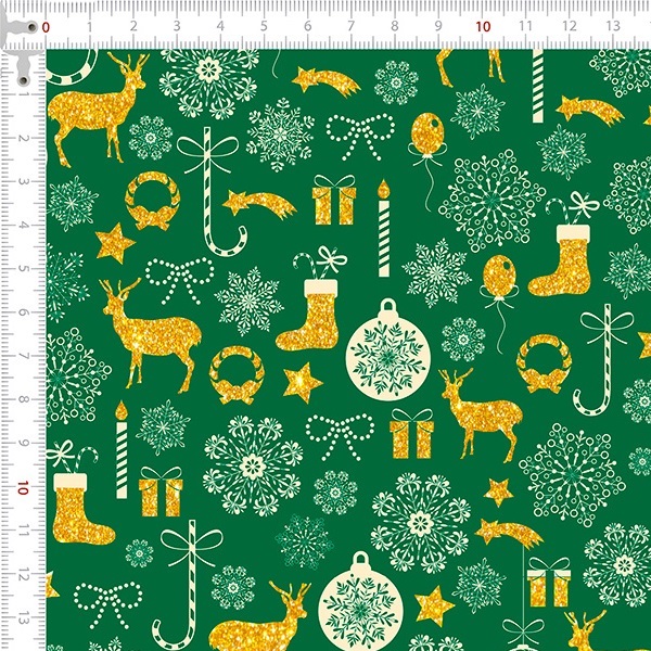 Tecido Tricoline Estampado Tesouros de Natal Fundo Verde 2088v02