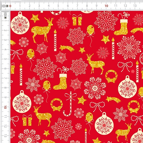 Tecido Tricoline Estampado Tesouros de Natal Fundo Vermelho 2088v01